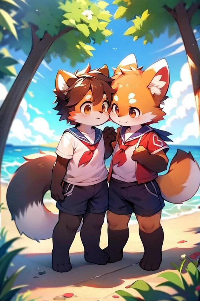 Male Red Panda，Appeared in a sailor uniform！Stand on your feet，Ocean，