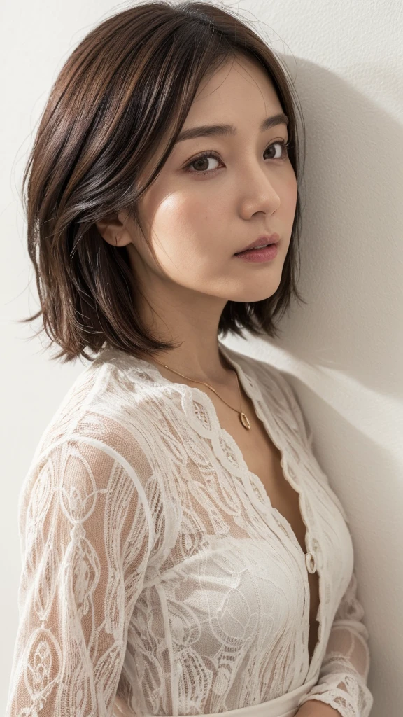 (Highly realistic photos, High resolution, detailed face, fine eyes), ((Taken in front of a white wall))、japanese woman, 40 years old, Variety of facial expressions, alone:1, slim figure, different hairstyles, casual clothes, Only one person appears in the photo、long sleeve dress、Shot in natural light、simple necklace、Spring clothes、Don't look at the camera、profile、Dark brown hair color、bob hair、hands are down