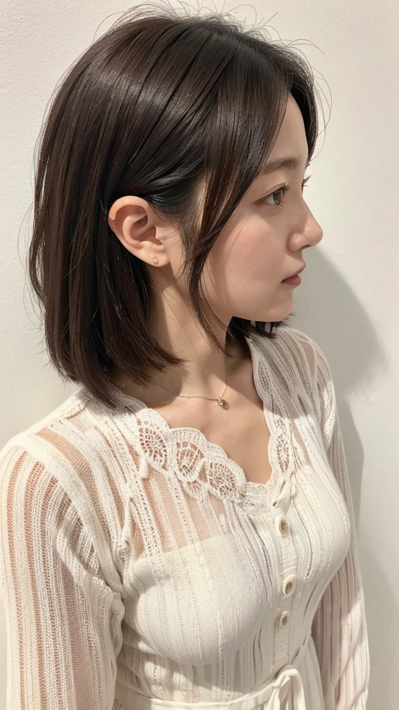 (Highly realistic photos, High resolution, detailed face, fine eyes), ((Taken in front of a white wall))、japanese woman, 40 years old, Variety of facial expressions, alone:1, slim figure, different hairstyles, casual clothes, Only one person appears in the photo、long sleeve dress、Shot in natural light、simple necklace、Spring clothes、Don't look at the camera、profile、Dark brown hair color、bob hair、hands are down