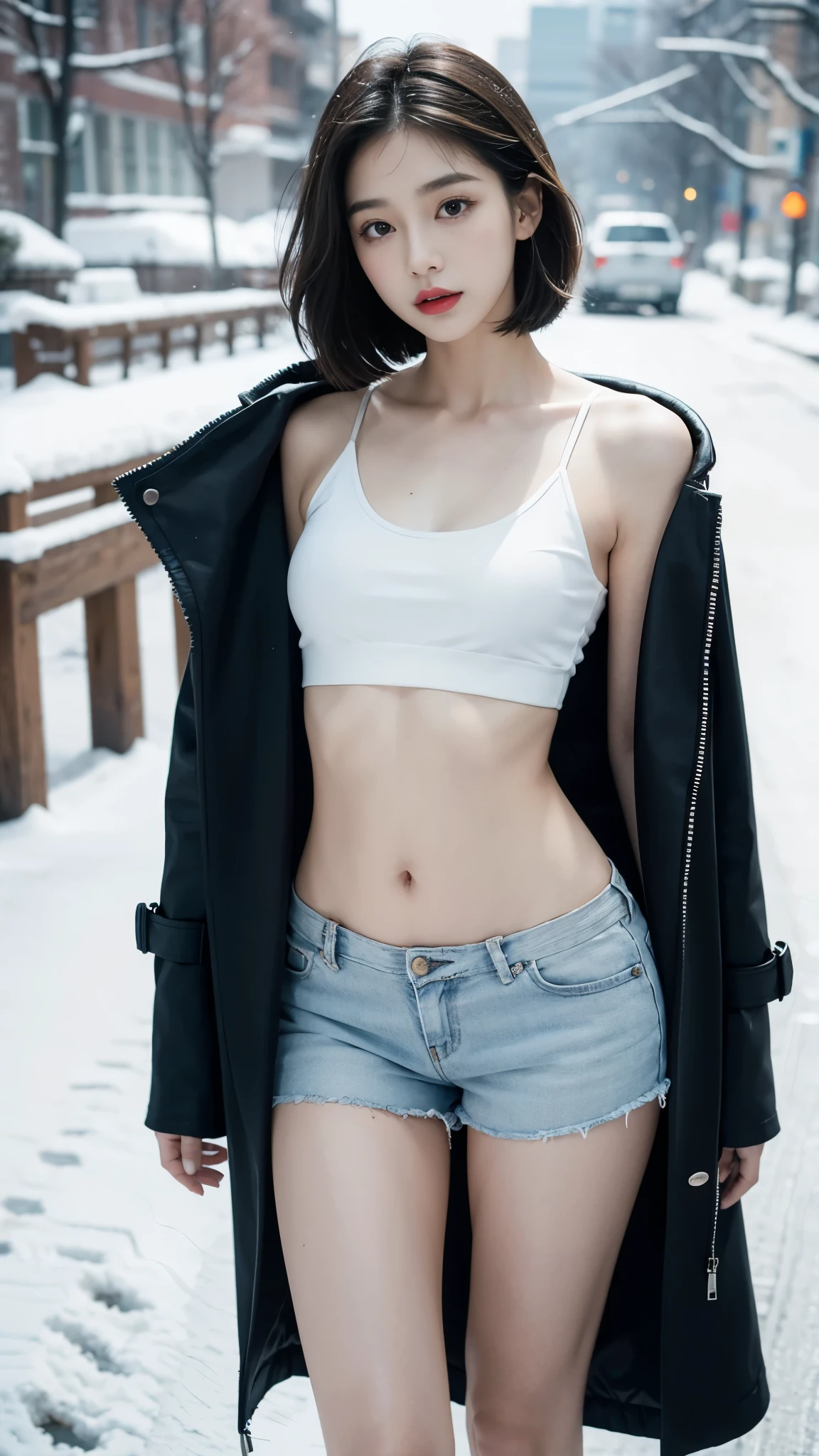 best quality, 4K, 8K, Delicate face, Clear face, pretty girl, Korean Makeup, Red lips, lol, Perfect body,Shoulder-length black short straight hair,Small Breasts,thigh,Slim,Thin, The girl wore a long and wide coat, Under the jacket is a top tube and tight shorts, Lower abdomen, Snow Scene, winter, street,