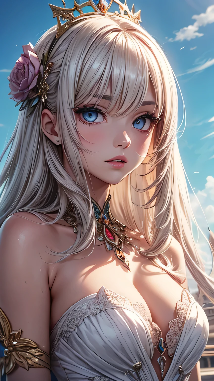 Woman in white dress, artwork in the style of Gwaiz, Gwaiz on pixiv artstation, Gwaiz on artstation pixiv, Gwaiz, Fantasy art style, Gwaiz masterpiece,  (Very delicate and beautiful face), (Beautiful eyes in every detail), Beautiful and elegant queen, Beautiful character drawings, Detailed digital anime art, Blonde Princess, Gray Hair, Sky blue eyes, Pink Lips