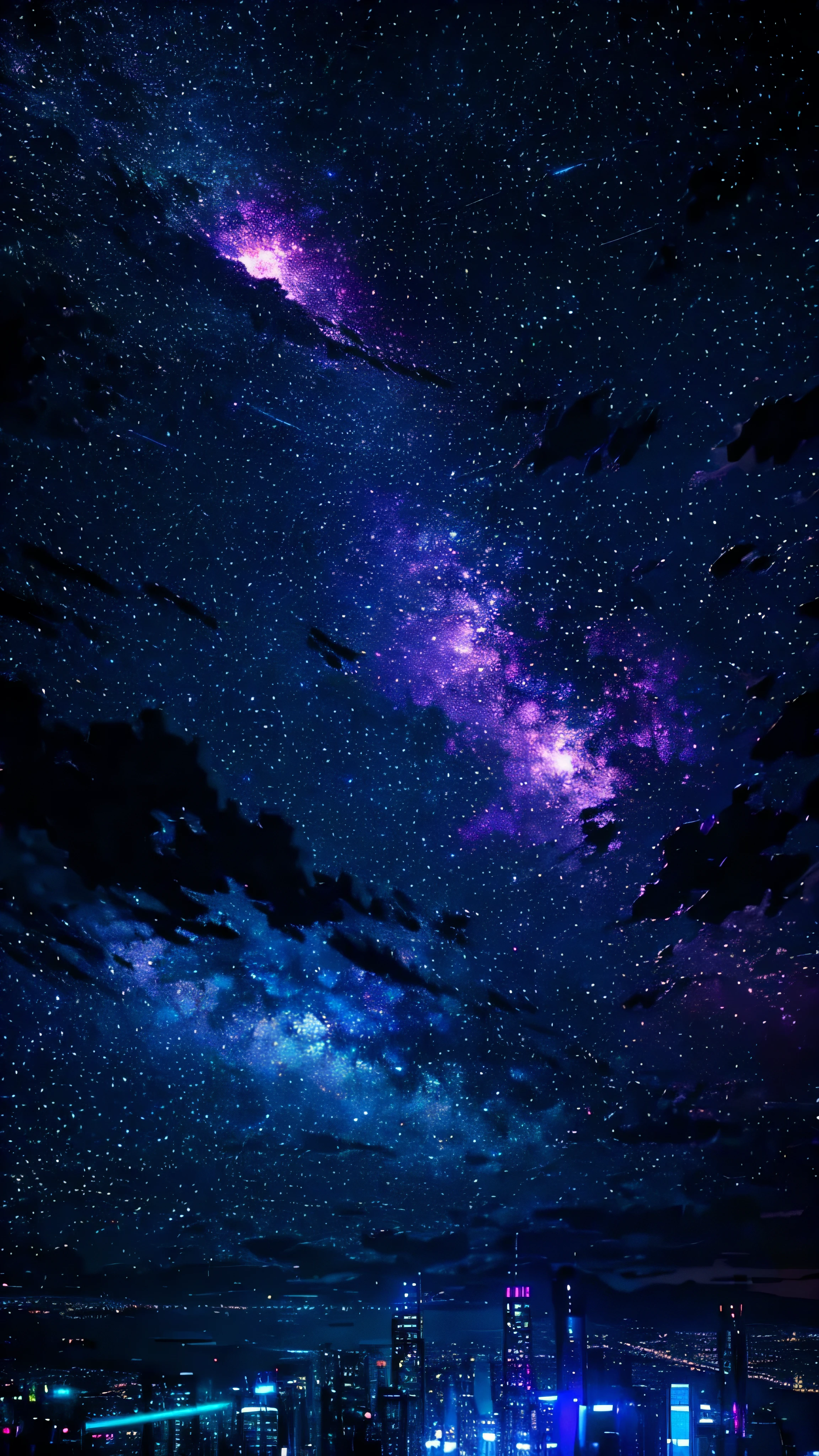 Starry sky with constellations, Purple hue like a nebula, Vast space, Cyberpunk City at the Bottom,  