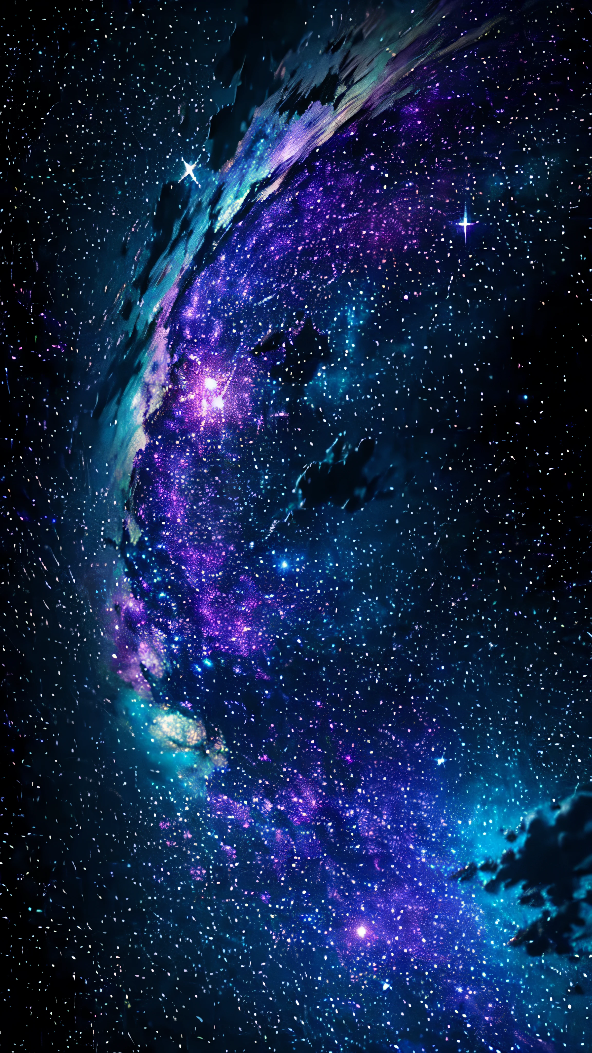 Starry sky with constellations, Purple hue like a nebula, Vast space, Cyberpunk City at the Bottom,