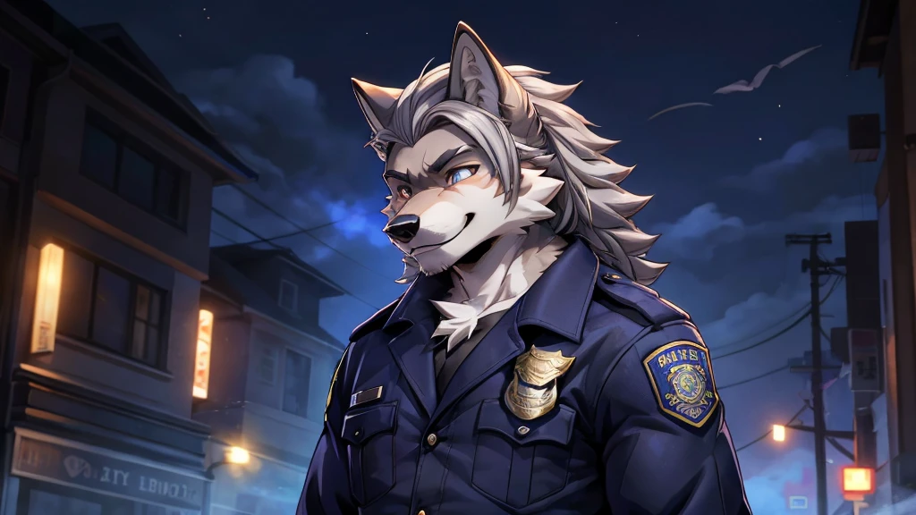 Gray haired werewolf,Standing,detail,happy,Cool,Grim,Exquisite,Excellent figure,The eyes are grim,眼睛detail的,Wolf with human features,Scarred,Police Officer,Middle parted hairstyle