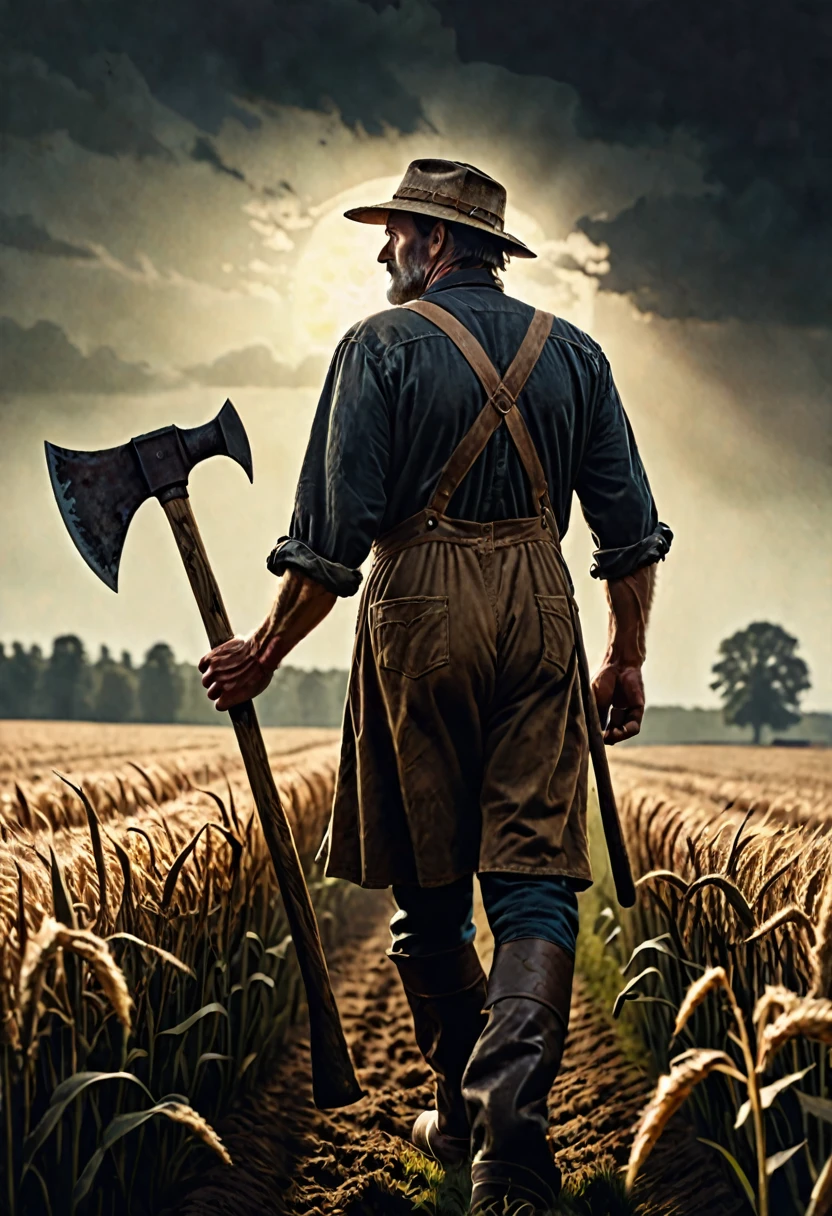 Close-up of a farmer holding an axe walking In profile, through a field , dark fantasy style from the 70s, with intense German-style romantic painting. Shadows and spectacular lighting.