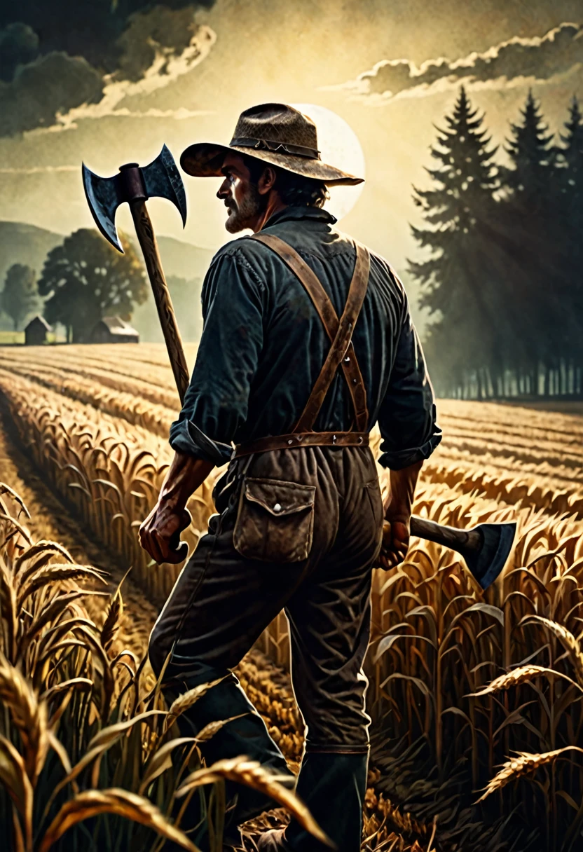 Close-up of a farmer holding an axe walking In profile, through a field , dark fantasy style from the 70s, with intense German-style romantic painting. Shadows and spectacular lighting.