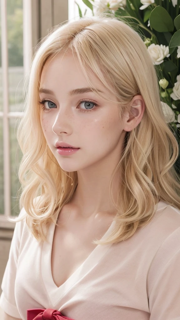 Light blonde hair, Wavy blonde hair, Wavy blonde hair, With small fringe, black eye, Upturned and beautiful nose, Thick lips, Cupid with heart shaped lips.., Pink Lips, pale, White skin, Nice and soft skin, I have freckles and moles, Beautiful eyebrows, Exceptionally beautiful collarbones, He is wearing a polo shirt, dark red, With women's underwear, slim and beautiful stomach, Bare neckline, (Large Breasts, Soft Breasts, Natural Breasts, Bare neckline), While holding a rose, Looking at the camera, Auto Photo
