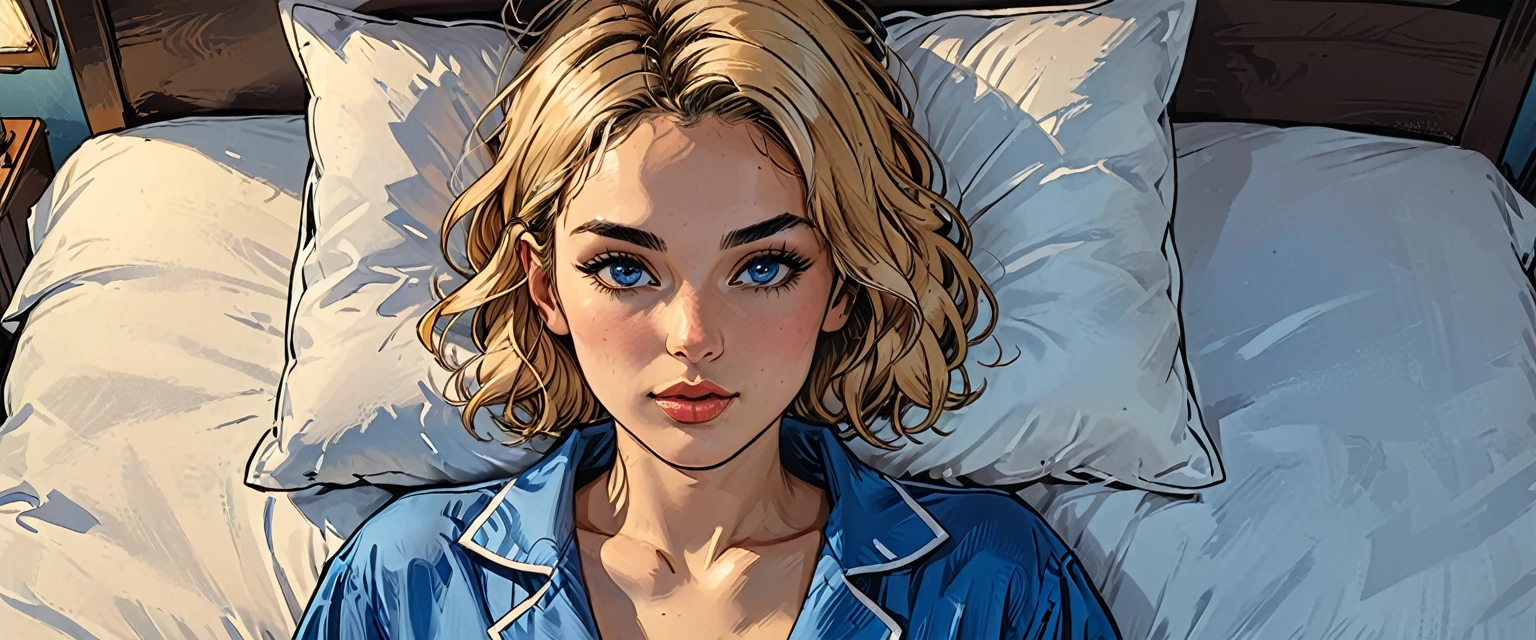 view from above, top view, from above, lying, a (girl in BLUE PAJAMAS) lies on a blue double bed, portrait, close-up,
adult, [Nordic], perfect Olive skin, Oval Face,  Rounded shoulders,  Attached Pointed ears, round forehead, ((Short blonde Waves pixie hair)), snub nose, Arched eyebrows, Monolid blue Eyes, High Round Narrow cheekbones, Dimpled Cheeks, Rounded Chin, Rounded Jawline, Full nude Lips, Nude Makeup Look, long eyelashes, 

graphic style of novel comics,dark novel, 2d, 8k, hyperrealism, masterpiece, high resolution, best quality, ultra-detailed, super realistic, Hyperrealistic art, high-quality, ultra high res, highest detailed, lot of details, Extremely high-resolution details, incredibly lifelike, colourful, soft cinematic light,