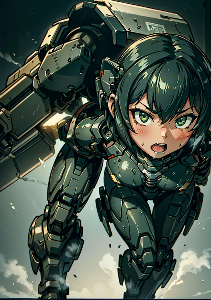 Textured skin, Very detailed, Attention to detail, high quality, 最high quality, High resolution, 1080P, hard disk, beautiful,(War Machine),beautifulサイボーグ女性,Mecha Cyborg Girl,Battle Mode,Girl with a mechanical body　Black Hair　Short Hair Boyish　Dark green armor　Sweaty and wet face　Change is over　Met Off　Steam coming out of the head　Steam coming out of the whole body　Painful expression　Please open your mouth wide　Snug-fitting headgear　Black inner suit　Full body portrait　from the front