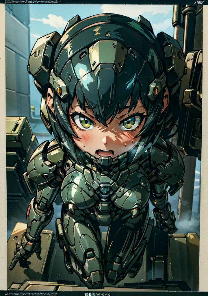 Textured skin, Very detailed, Attention to detail, high quality, 最high quality, High resolution, 1080P, hard disk, beautiful,(War Machine),beautifulサイボーグ女性,Mecha Cyborg Girl,Battle Mode,Girl with a mechanical body　Black Hair　Short Hair Boyish　Dark green armor　Sweaty and wet face　Change is over　Met Off　Steam coming out of the head　Steam coming out of the whole body　Painful expression　Please open your mouth wide　Snug-fitting headgear　Black inner suit　Full body portrait　from the front