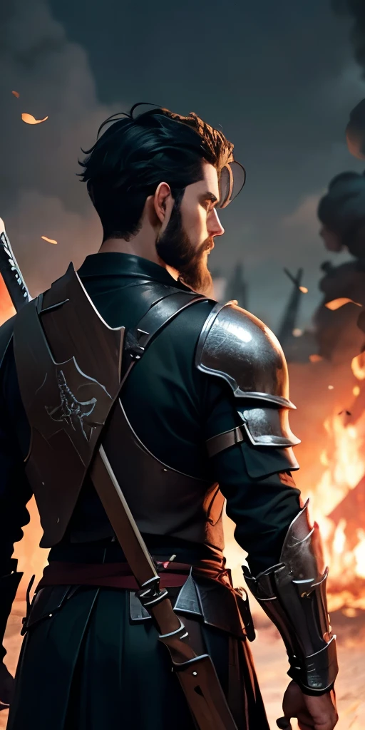 Male with black short hair and short beard in black armor, photo from a distance, hundreds of swords on the ground, battlefield, burned ground and burned banners, photo from behind 