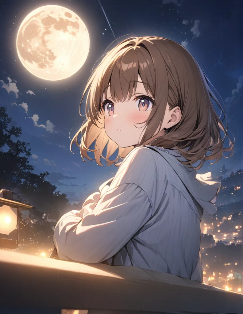 (masterpiece:1.2),(anime),Big moon in the background、Night Sky、Girl watching the moon、cute、The girl is illuminated by the moonlight、Great work、Light effects,long,Brown Hair