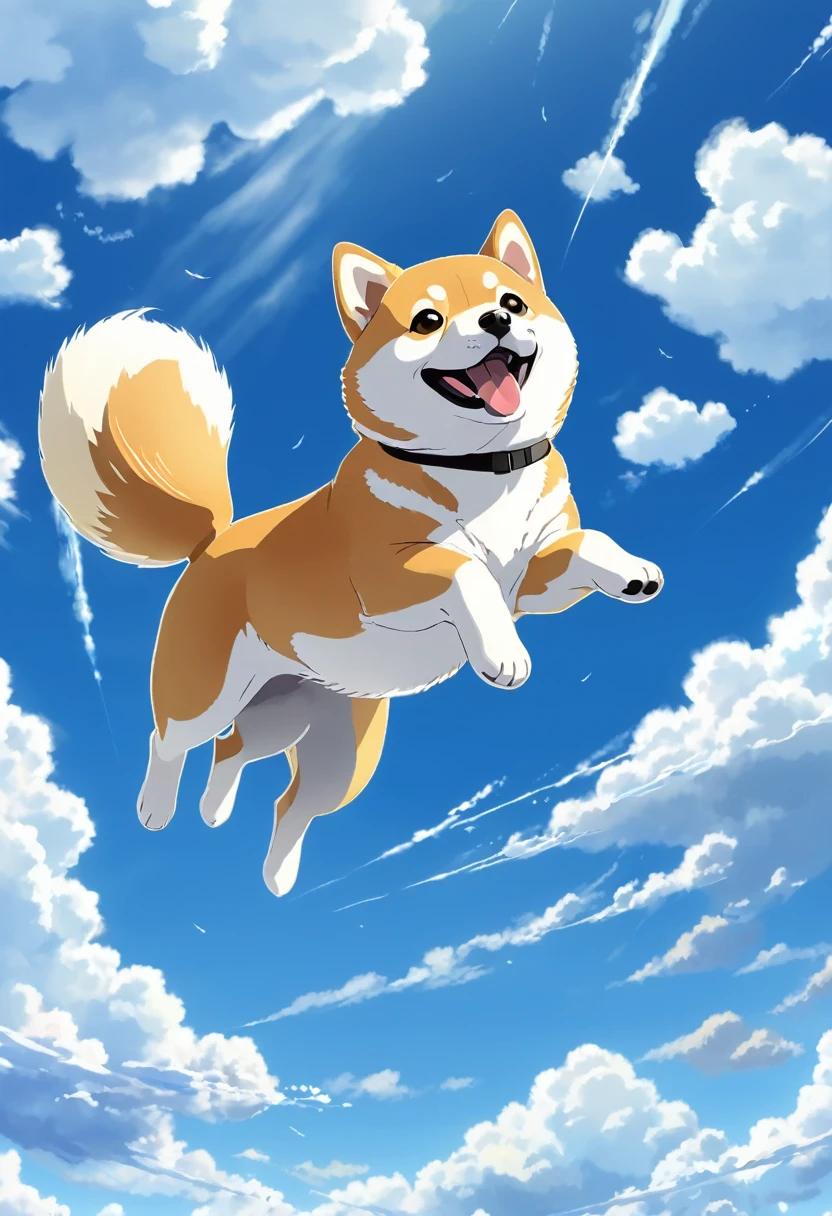 Cute Shiba Inu illustration、Anime Style、Look up at the sky,Jump,blue sky、Cumulonimbus