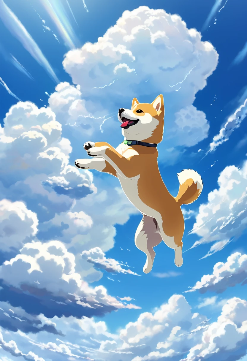 Cute Shiba Inu illustration、Anime Style、Look up at the sky,Jump,blue sky、Cumulonimbus