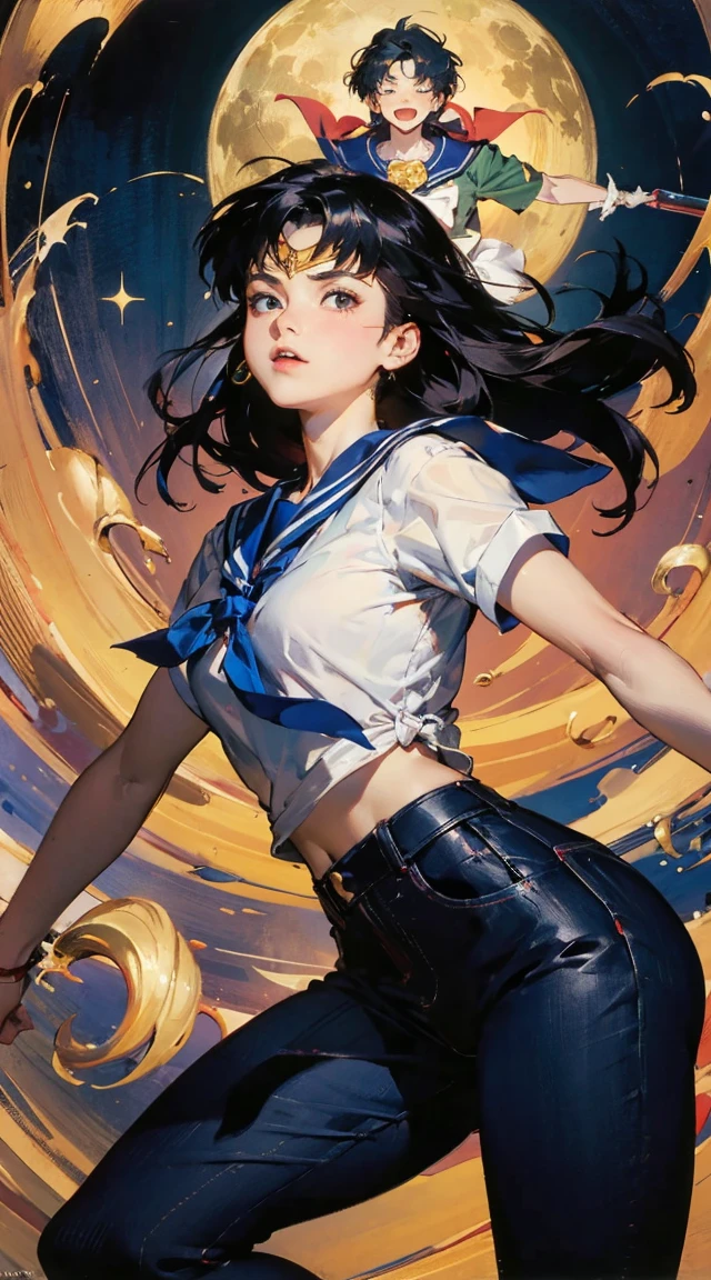 o(8k, RAW photo, best quality, masterpiece:1.2), RanmaChan, RanmaRedShirt, blue pants fficial art, unity 8k wallpaper, ultra detailed, beautiful and aesthetic, masterpiece, best quality, chinese style, (zentangle, mandala, tangle, entangle), ecstasy of flower, 1girl, extremely detailed, dynamic angle, cowboyshot, the most beautiful form of chaos, elegant, a brutalist designed, vivid colours, romanticism, by james jean, roby dwi antono, ross tran, francis bacon, michal mraz, adrian ghenie, petra cortright, gerhard richter, takato yamamoto, ashley wood, atmospheric The main character is Usagi Tsukino, a clumsy and seemingly ordinary teenage girl who discovers that she is the reincarnation of Sailor Moon, the legendary warrior of love and justice. Usagi is joined by other Sailor Guardians, including Sailor Mercury, Sailor Mars, Sailor Jupiter, and Sailor Venus, each of whom possesses unique powers and abilities. Together, they fight evil forces, protect the world from various threats, and search for the Moon Princess.