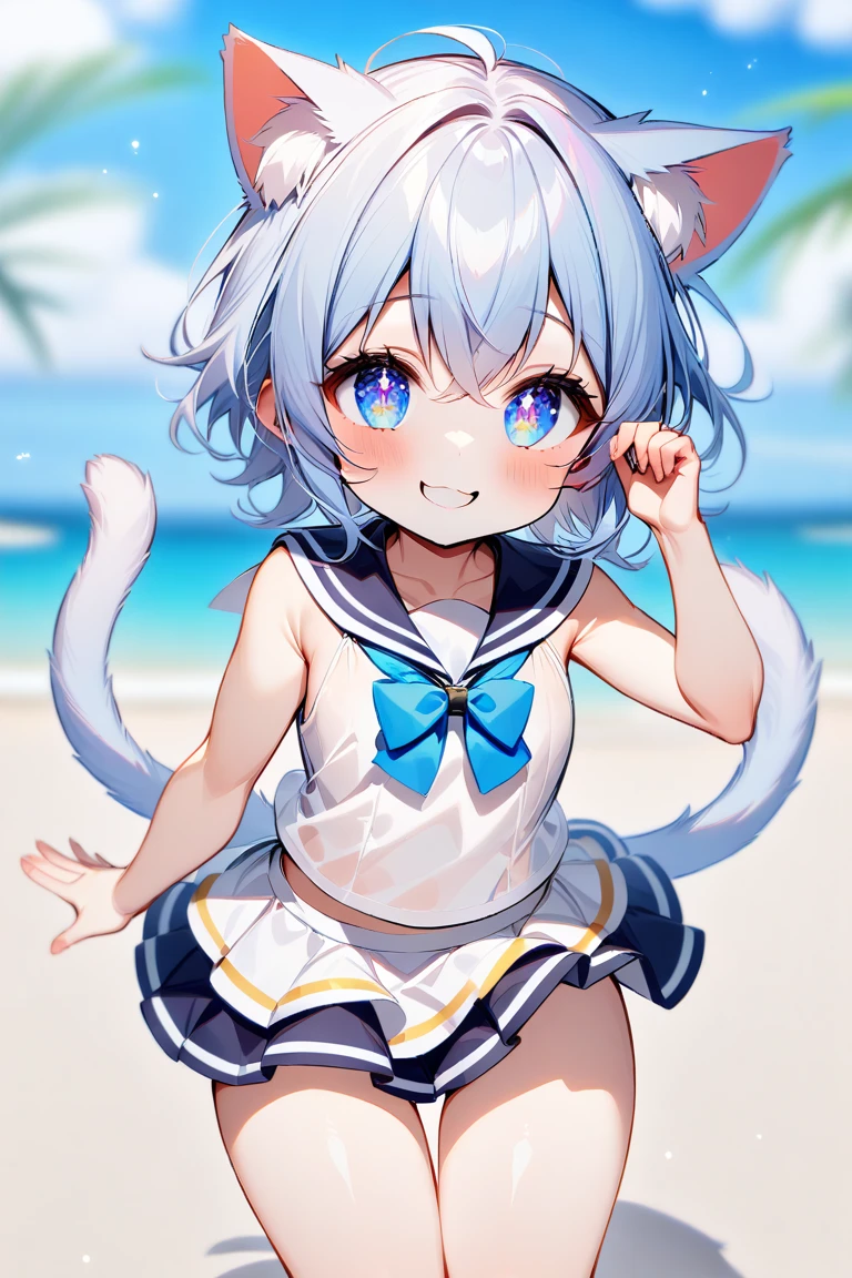 1shota,short,small young ,light blue long hair,cat ears tail,camisole and mini-skirt type sailor uniform,Smile,summer hair cat ears, summer clothes, Crazy cute,ultra big thigh,thigh gap,
Stars shine in eyes,