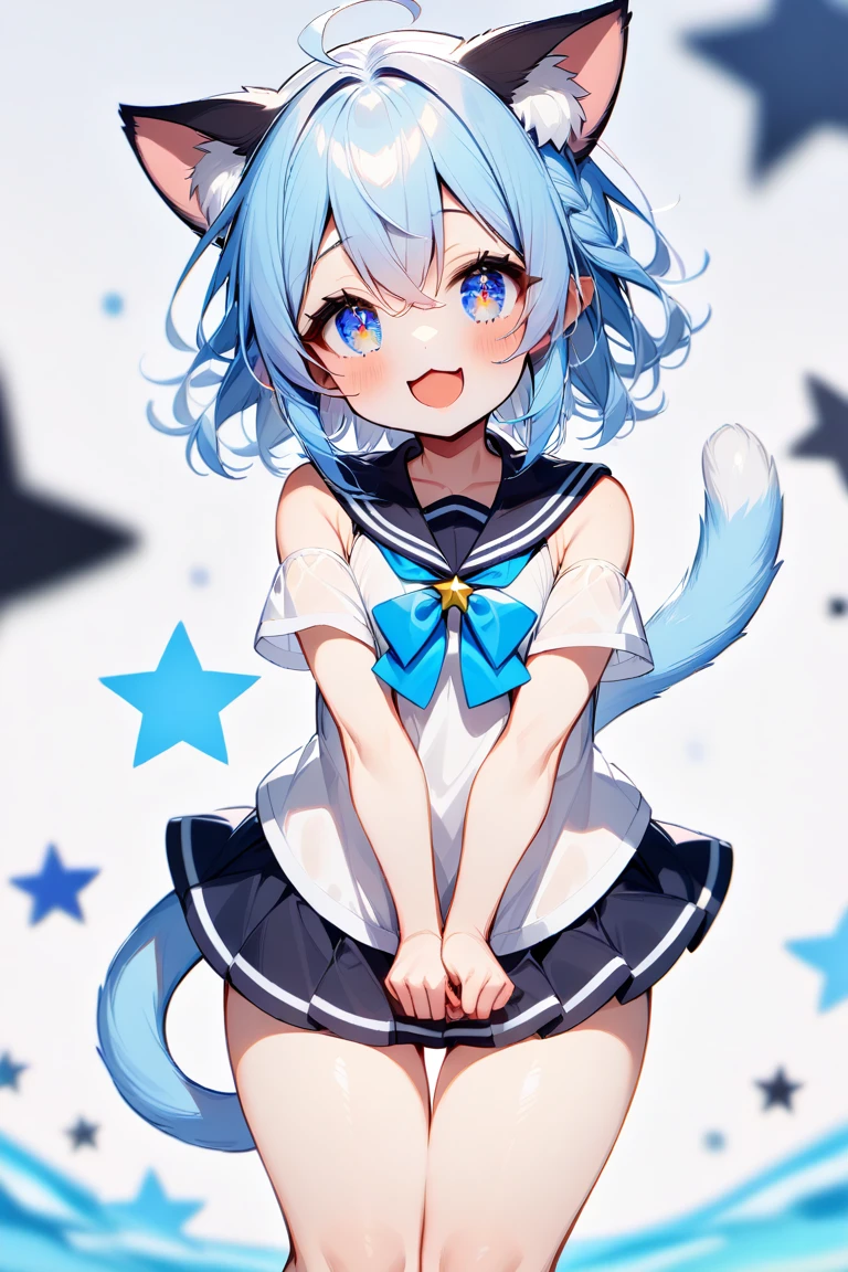 1shota,short, young ,light blue long hair,cat ears tail,camisole and mini-skirt type sailor uniform,Smile,summer hair cat ears, summer clothes, Crazy cute,ultra big thigh,thigh gap,
Stars shine in eyes,