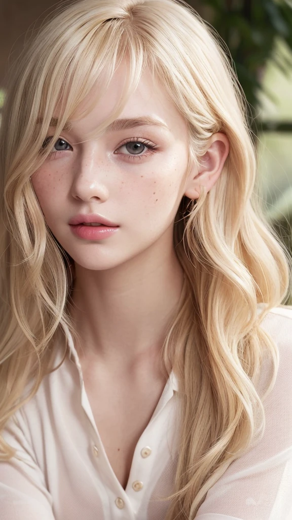 Light blonde hair, Wavy blonde hair, Wavy blonde hair, With small fringe, black eye, Upturned and beautiful nose, Thick lips, Cupid with heart shaped lips.., Pink Lips, pale, White skin, Nice and soft skin, I have freckles and moles, Beautiful eyebrows, Exceptionally beautiful collarbones, He is wearing a polo shirt, dark red, With women's underwear, slim and beautiful stomach, Bare neckline, (Large Breasts, Soft Breasts, Natural Breasts, Bare neckline), While holding a rose, Looking at the camera, Auto Photo