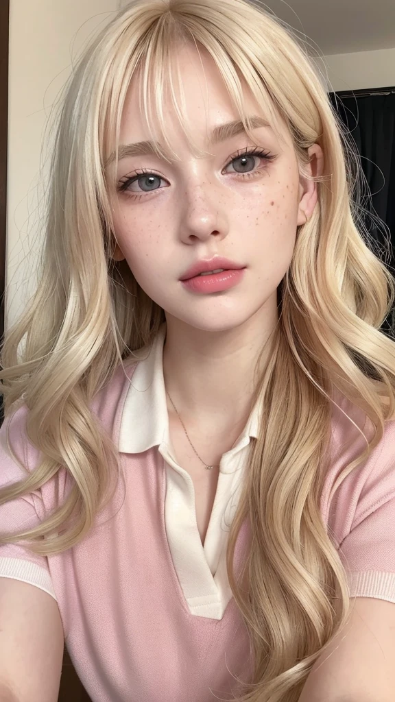 Light blonde hair, Wavy blonde hair, Wavy blonde hair, With small fringe, black eye, Upturned and beautiful nose, Thick lips, Cupid with heart shaped lips.., Pink Lips, pale, White skin, Nice and soft skin, I have freckles and moles, Beautiful eyebrows, Exceptionally beautiful collarbones, He is wearing a polo shirt, dark red, With women&#39;s underwear, slim and beautiful stomach, Bare neckline, (Large Breasts, Soft Breasts, Natural Breasts, Bare neckline), While holding a rose,  Looking at the camera, Auto Photo