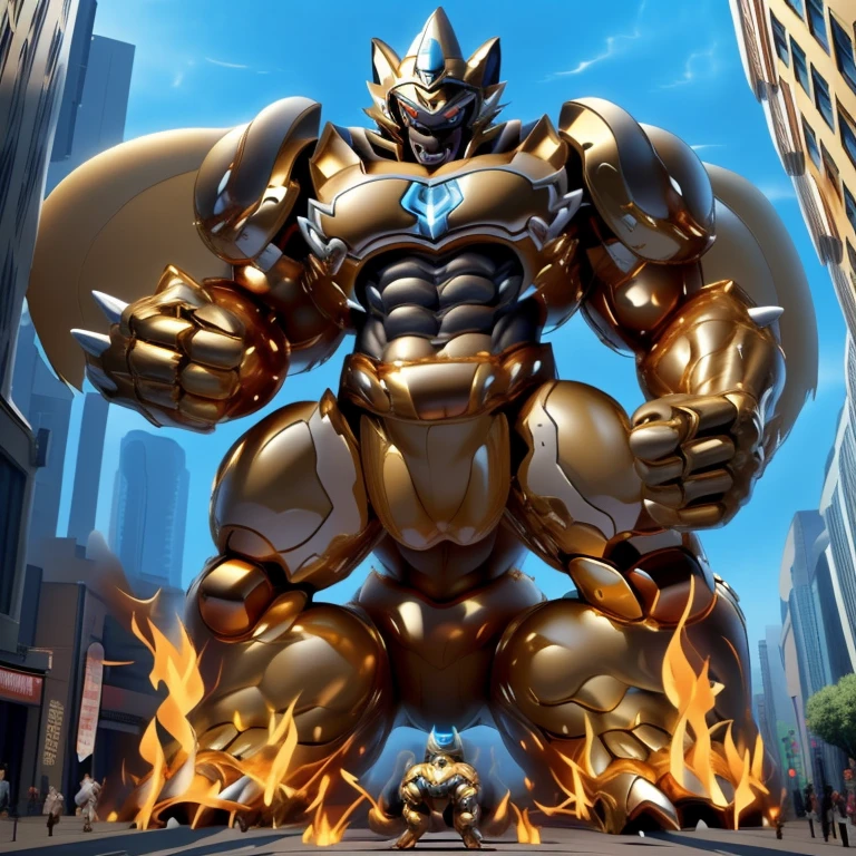 (Solo. masterpiece. official art. 8k. best quality. detailed full body. full body.)
(situation 1 : dominating zeraora. zeraora is over 1000 meters long. focus GIANT mechanical Muscular zeraora is trampling the city. Looking down. macro. stomp. Low-angle perspective. emphasizing the immense size. He is much bigger than a skyscraper. Giga Giants. looking down. foot focus, (soles:1.2))

(situation 2 :smoke and flames rising from the destruction in the city)

(Additional details 1: wearing a full-face helmet. golden armor. Armored Flazzard. Armored_Flazzard. high-tech bio-mecha armor. real texture material. whole body shines like metal. Wearing cyberpunk mecha. emphasizes the muscles. suit fully made of metal. intricate armor. Robotic suit. suit fully made of metal. cyborg. He is wearing a golden cloak.).

(Additional details 2: (Detailed head. Detailed Body. Detailed abs. gigantic muscles. HYPER MUSCLES. Gigachad Muscular. big muscle. pecs. triceps. traps. unusually developed muscular body. body full of huge muscles. showing off muscles. pectorales enormes. Exaggeratedly huge muscles. huge muscles. long legs.).

(Additional details 3: Spread wings. It has wings. have big wings. The claws are sharp. Sharp teeth).

(Additional details 4: golden hyper penis. hyper golden penis. big penis)