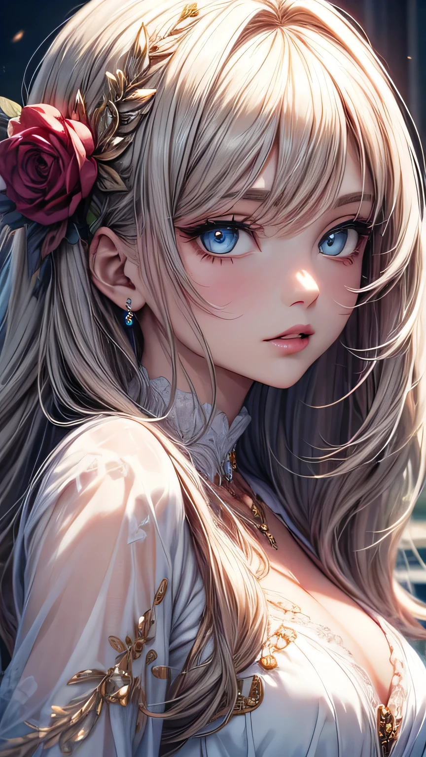 Woman in white dress, artwork in the style of Gwaiz, Gwaiz on pixiv artstation, Gwaiz on artstation pixiv, Gwaiz, Fantasy art style, Gwaiz masterpiece,  (Very delicate and beautiful face), (Beautiful eyes in every detail), Beautiful and elegant queen, Beautiful character drawings, Detailed digital anime art, Blonde Princess, Gray Hair, Sky blue eyes, Pink Lips