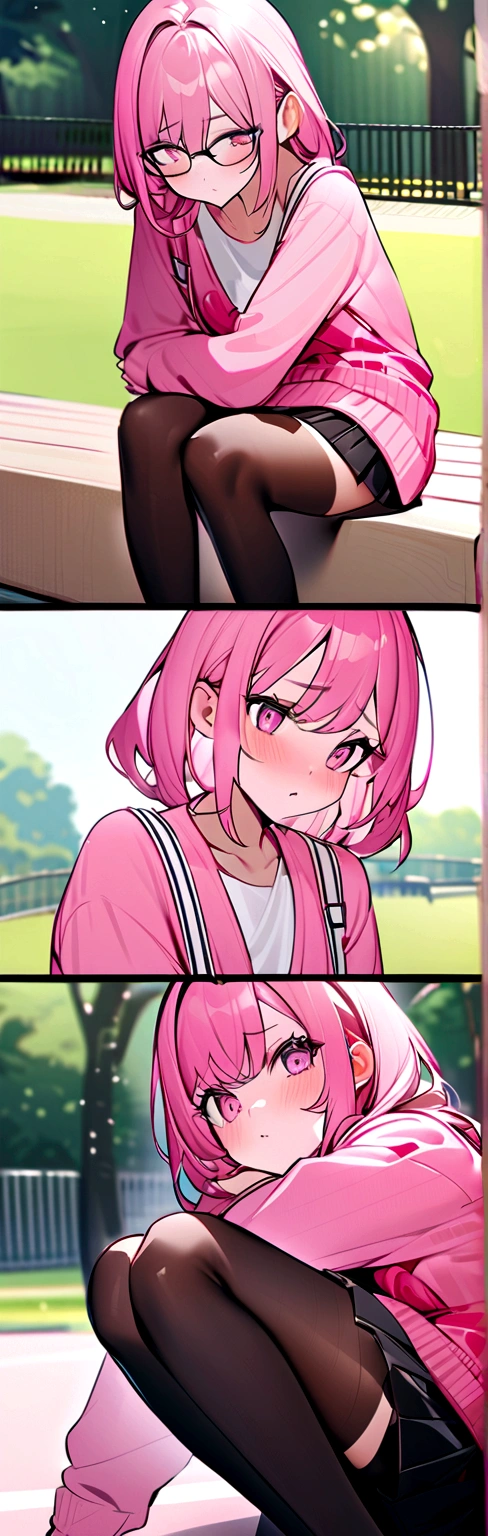 pink hair, black glasses, pink eyes, extremely blushing, a large pink sweater, a short black skirt with suspenders, some running around the waist, black stockings, white tennis shoes, that she is a reserved girl, that she is sitting in a park, that she is pouting.