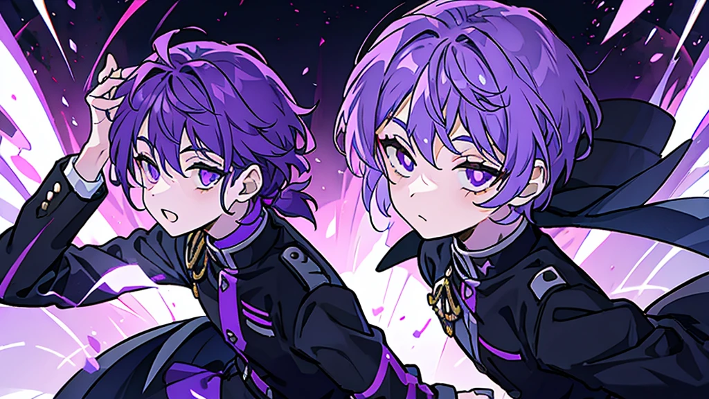 Purple haired boy with purple eyes wearing a black uniform