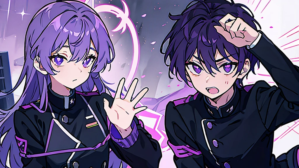 Purple haired boy with purple eyes wearing a black uniform