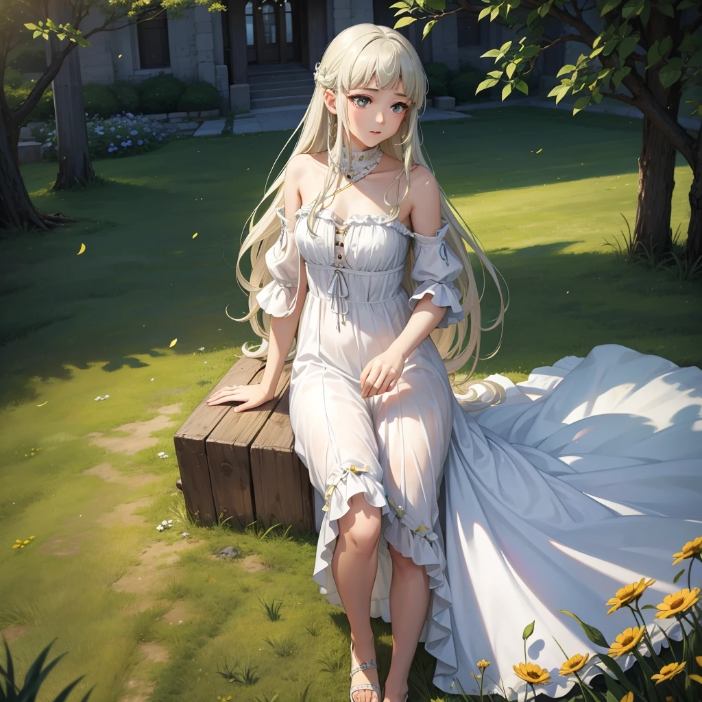 Highest image quality，A masterpiece，Need，Petite long-haired girl，white dresses，Barefoot，Back against towering trees。Close-up，Head down slightly，The lady sat and sat down，Look at the instep ，Side Body，Cute big breasts，The kinky is exposed，no clothes are worn，比基尼