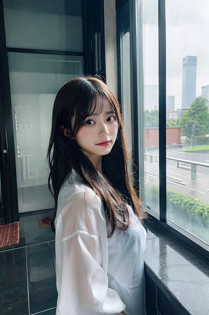 One girl, Wet day, window,Real Photo
