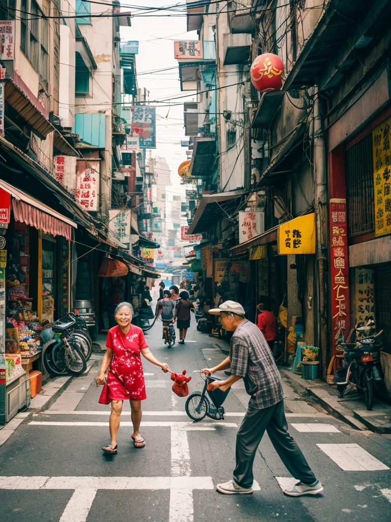 The background is expressed with a surrealistic Taiwanese old street.,In the foreground, two old people, a man and a woman, are doing their own thing.,Looks very ,There is a dog in the middle playing with his toys