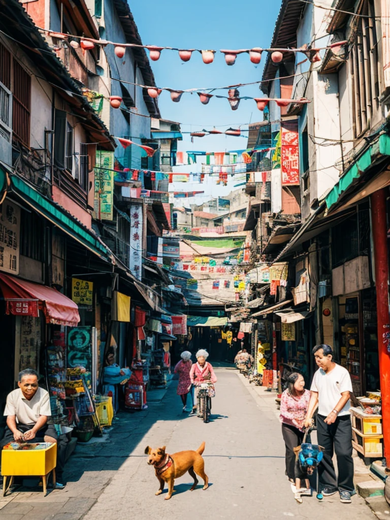 The background is expressed with a surrealistic Taiwanese old street.，In the foreground, two old people, a man and a woman, are doing their own thing.，Looks very ，There is a dog in the middle playing with his toys