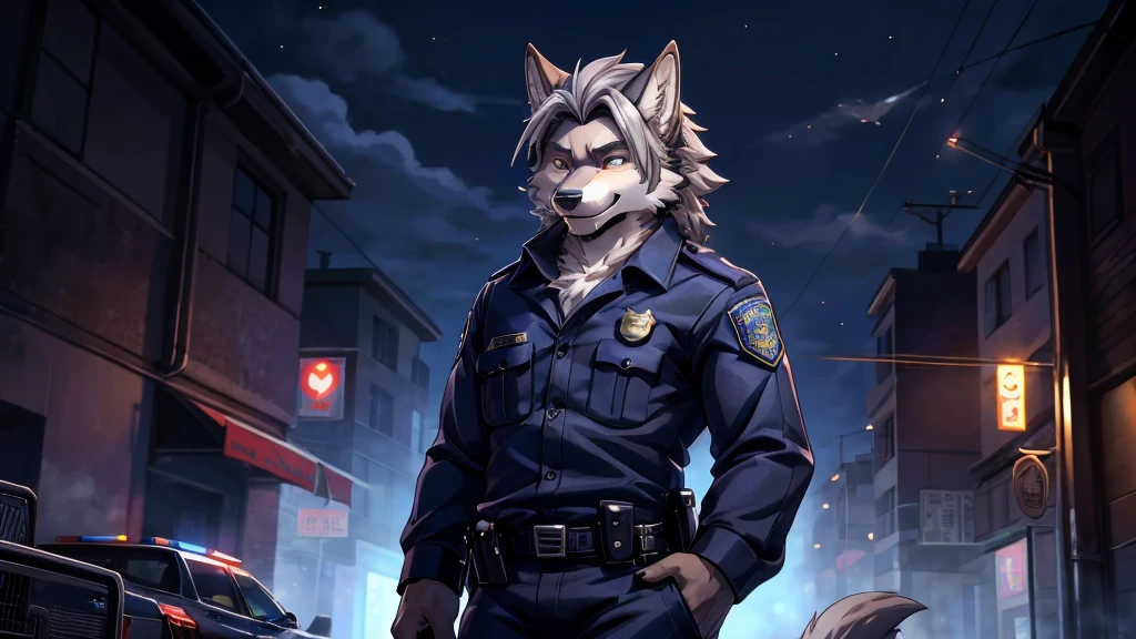 Gray haired werewolf，Standing，detail，happy，Cool，Grim，Exquisite，Excellent figure，The eyes are grim，眼睛detail的，Wolf with human features，Scarred，Police Officer，Middle parted hairstyle