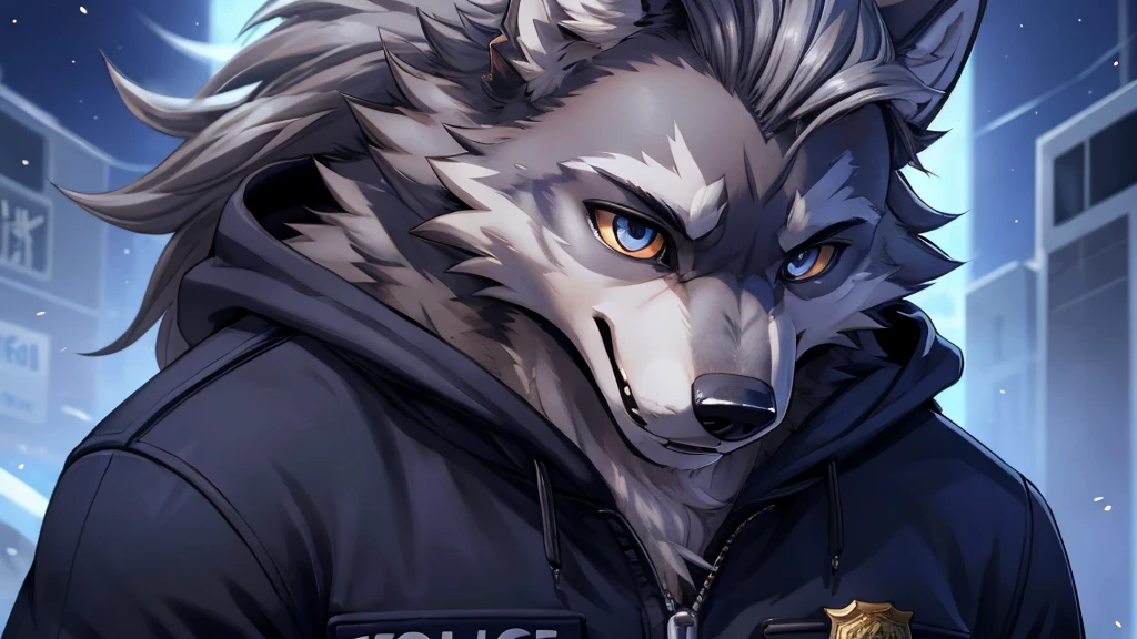 Gray haired werewolf，Standing，detail，happy，Cool，Grim，Exquisite，Excellent figure，The eyes are grim，眼睛detail的，Wolf with human features，Scarred，Police Officer，Middle parted hairstyle