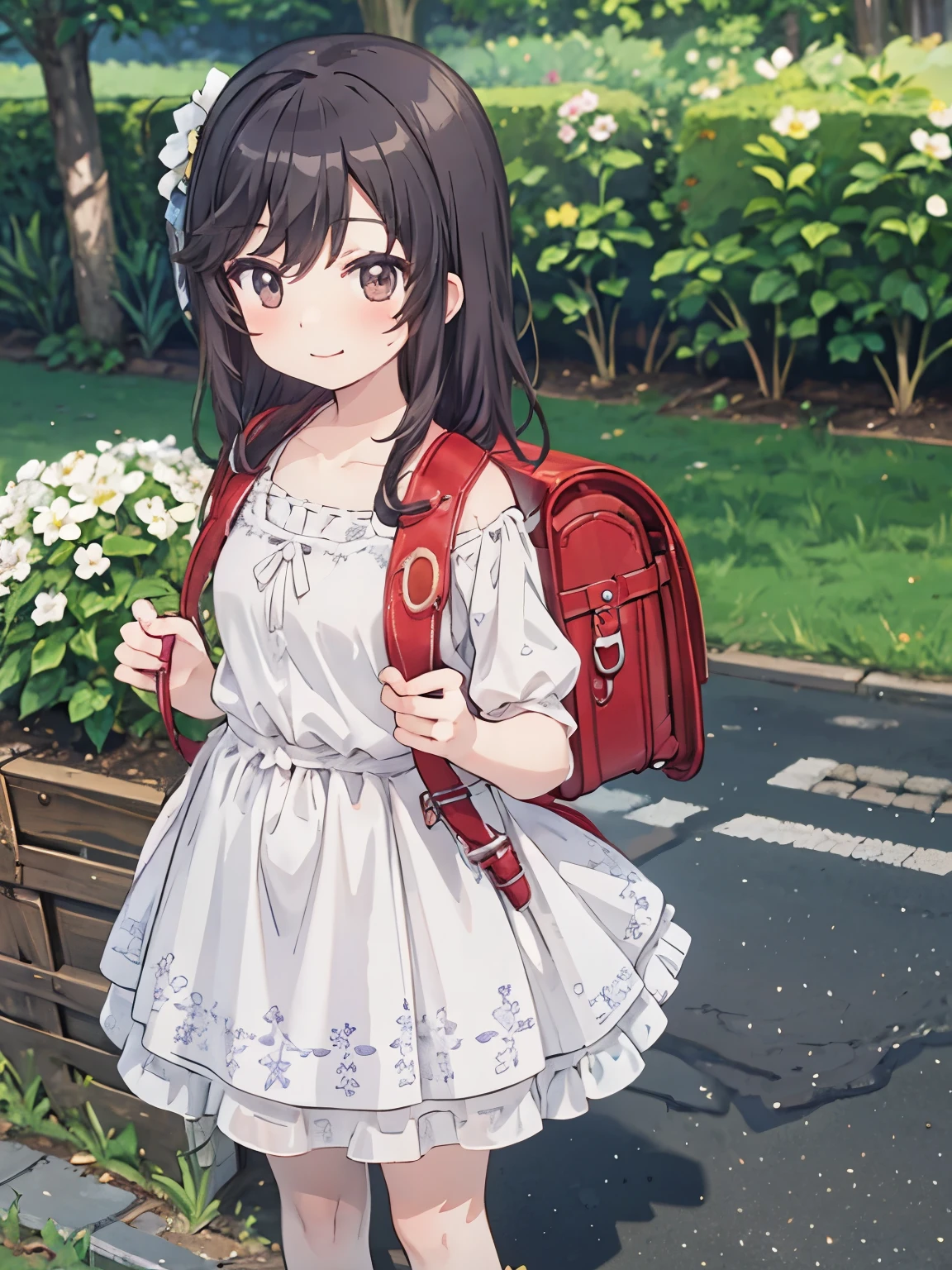 Masterpiece, hd, smile, nonhotaru, teenage girl,cute,summer clothes, flower dress,everyday wear, standing, outdoor,flower garden,black hair,ribbon, wearing school backpack, (backpack:1.2)