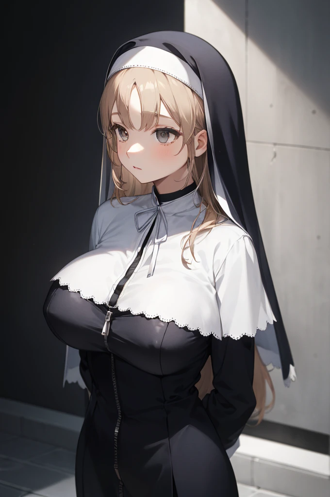 aasister, long hair, nun, habit, white capelet, neck ribbon, (black dress:1.2), long sleeves, white gloves, full-length zipper,huge breasts,expressionless,,arms behind back,upper body,erect nipple,(((dark room))),church