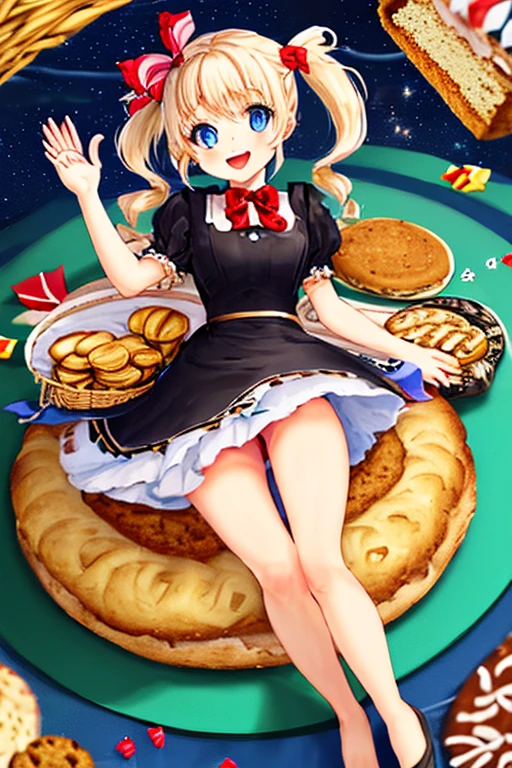 (perky chest:1.2), (pointed chest:1.2),(((Black Tunic:1.3))),(((cakes and bread in the basket),Cute and beautiful girl,Cute round face,Cute smile,with blush cheeks,Red Lip,a girl 22 years old, nsfw:1.2, beautiful body:1.3), shinny skin, BREAK, ((alice in the wonderland:1.3, cute, kawaii, lovely, funny, a girl falling down from sky:1.3, girl flying in sky:1.2, girl floating in air:1.3, rolling upskirt by wind:1.5, (with sparkling eyes and a contagious smile),open mouth, Looking at Viewer, surprised, putting hands on crotch over the skirts:1.35)), BREAK, ((floating things as follows:1.3, PlayingCards, Trump, tea cup, tea pot, tea spoons, pocket watch:1.3, lip sticks, candies:1.2, cookies, jam bottles, classical door_keys)), ((long purply_Blue dress :1.5, wearing long flaired skirt:1.3, the skirt is blowing:1.3, cute White Apron, black stockingedium long platinum-blonde hair:1.2, twin tail hair:1.6, tied hair with a cute ribbon), (Blue eyes, bright pupils with highlights, detailed eyes), (lying down on your back:0.7, spreading legs with rising up straight:0.7), sexy posture, fantastic colorful art, (fantasy art:1.2, wondered images), ((correct anatomy:1.5, perfect anatomy:1.3, correct hand, )),