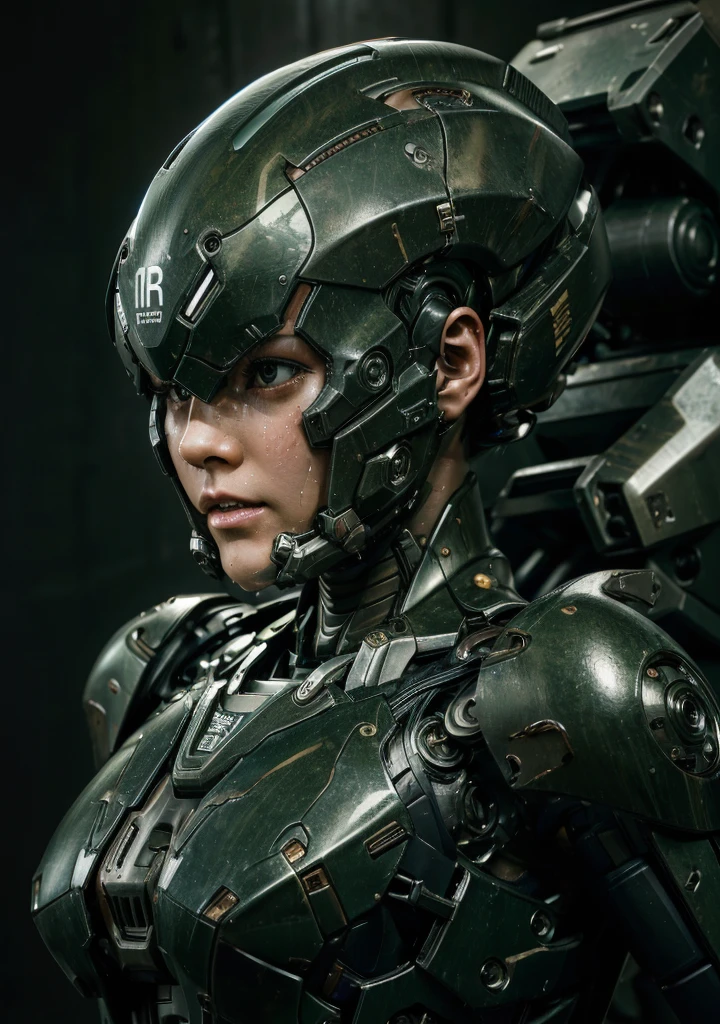 Textured skin, Very detailed, Attention to detail, high quality, 最high quality, High resolution, 1080P, hard disk, beautiful,(War Machine),beautifulサイボーグ女性,Mecha Cyborg Girl,Battle Mode,Girl with a mechanical body　Black Hair　Short Hair Boyish　Dark green armor　Sweaty and wet face　Change is over　Met Off　Steam coming out of the head　Steam coming out of the whole body　Painful expression　Please open your mouth wide　Snug-fitting headgear　Black inner suit　Full body portrait　from the front