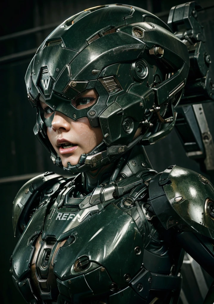 Textured skin, Very detailed, Attention to detail, high quality, 最high quality, High resolution, 1080P, hard disk, beautiful,(War Machine),beautifulサイボーグ女性,Mecha Cyborg Girl,Battle Mode,Girl with a mechanical body Black Hair Short Hair Boyish Dark green armor Sweaty and wet face Change is over Met Off Steam coming out of the head Steam coming out of the whole body Painful expression Please open your mouth wide Snug-fitting headgear Black inner suit Full body portrait from the front