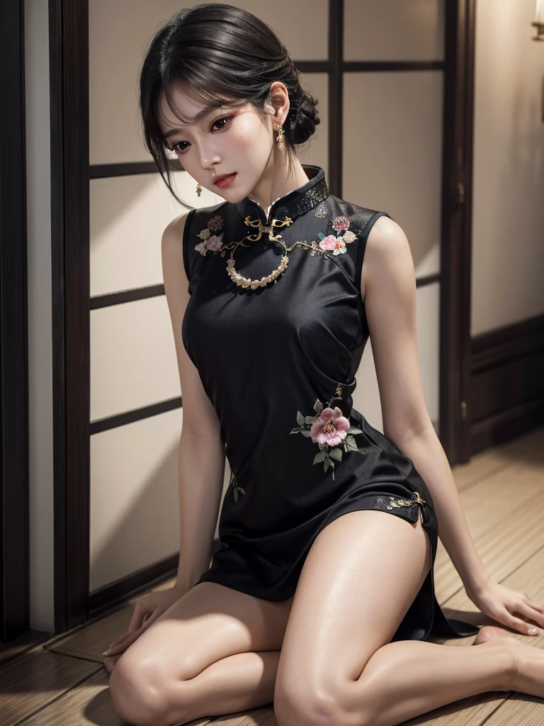 absurdres, RAW photo, extremely delicate and beautiful, masterpiece, Best Quality, ultra high resolution, 32k, hyperrealistic, ultra-detailed, in her 20s, delicate facial features, tearful mole, earring, medium breasts, ((full body shot)), shorter middle hair, black hair, ((cheongsam)),