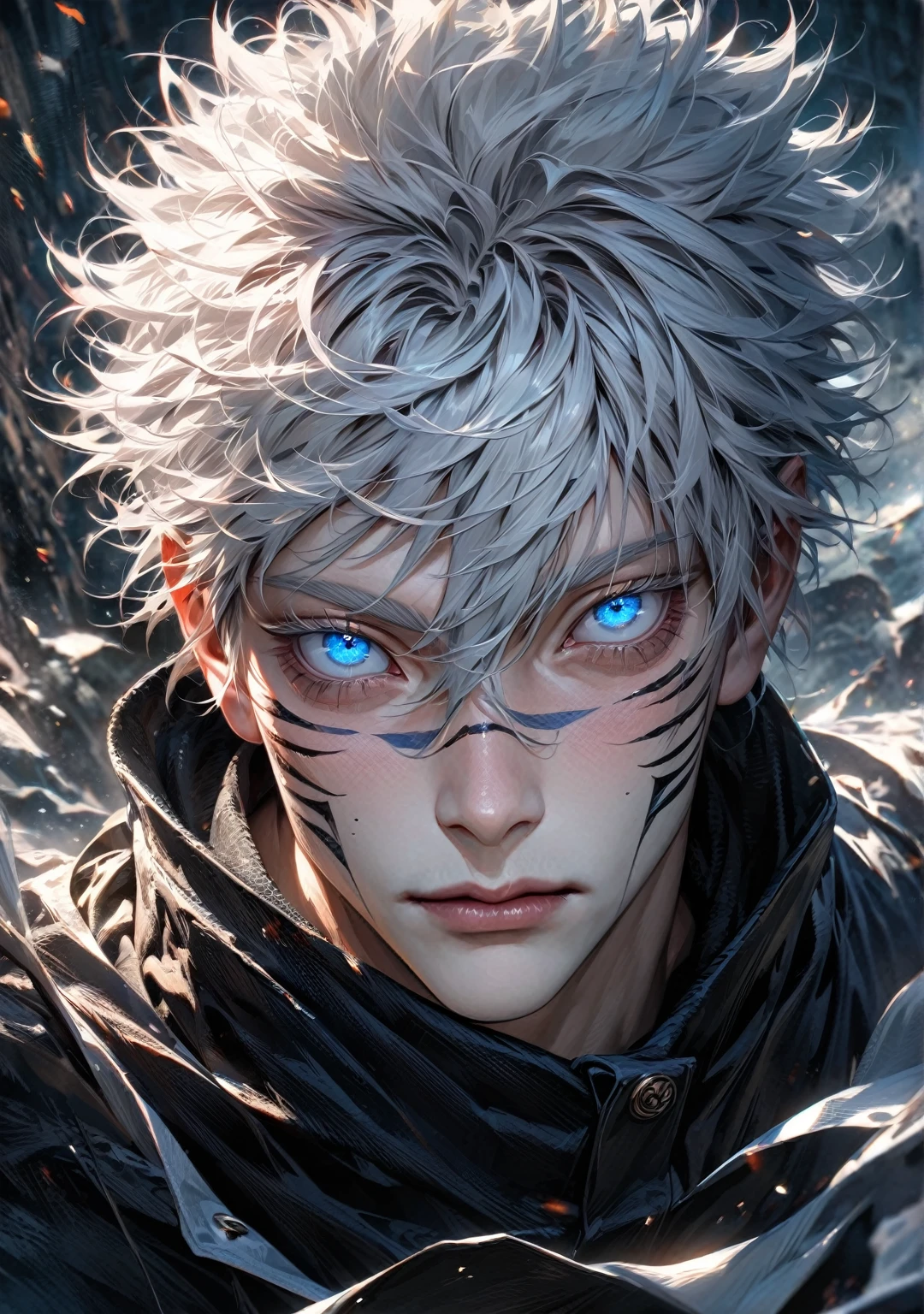 absurdres, highres, ultra detailed, HDR, master piece, best quality, extremely detailed face and eyes, perfect face, realistic face, beautiful eyes, Gojo Satoru, white hair with bangs, hair between the eyes, expressive blue eyes, white eyelashes, Jujutsu Kaisen, solo, man, handsome,