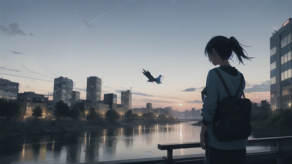 真っ暗なnight空,Octane, star (null), scenery, Blue parakeet,The acoustic guitar is in front of the body.,star, night, One Girl, Back view, alone, Outdoor, city,river,Blue parakeet,building, cloud, 天のriver, Are standing,silhouette