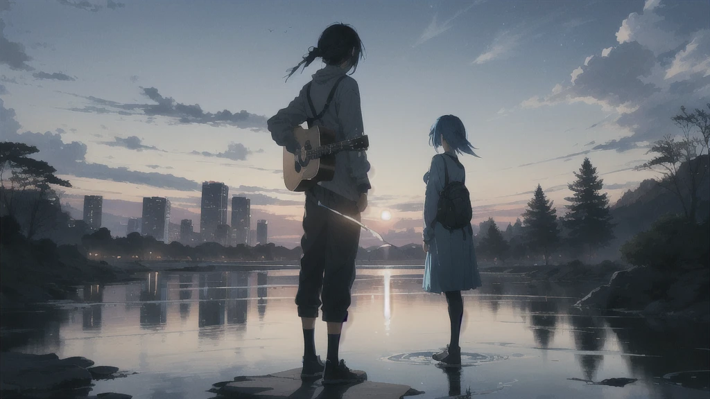 真っ暗なnight空,Octane, star (null), scenery, Blue parakeet,The acoustic guitar is in front of the body.,star, night, One Girl, Back view, alone, Outdoor, city,river,Blue parakeet,building, cloud, 天のriver, Are standing,silhouette