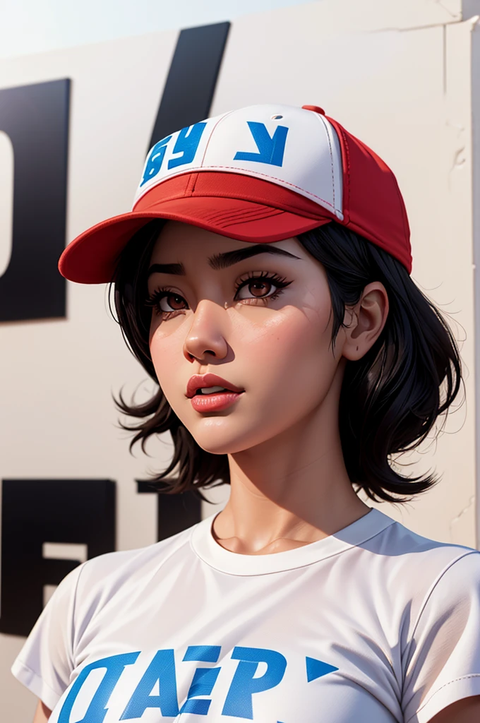 Baseball cap with "sheeny" inscription, Asian girl, black hair, brown eyes, Low saturation Pixar Super details,clay, looking at viewer, white background, divine cinematic edge lighting, soft focus. 8K, bestquality, ultra-detail.