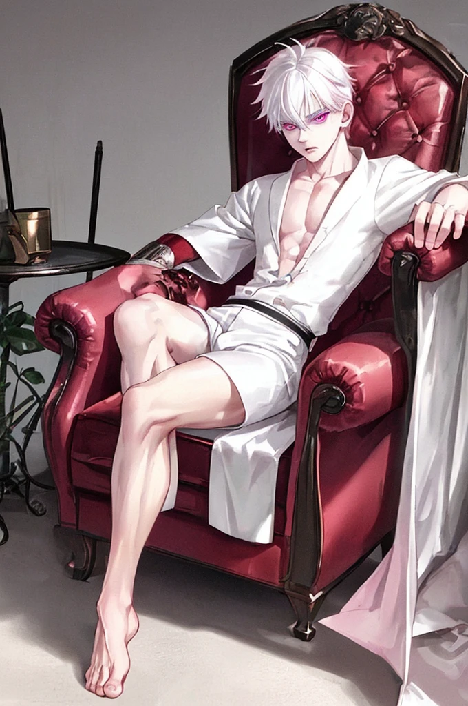 white hair boy, very detailed pink eyes, serious look, White skin, muscular, sexy, barefoot, wearing short white shorts, Sitting in an armchair 