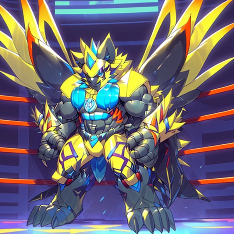 (ZERAORA, 8K), (Zeraora's giant robot, Powered exoskeleton with the same design as Zeraora), (Masterpiece, highres) (Detailed head, Detailed Body, Detailed abs, full body) (gigantic muscles, Gigachad Muscular, big muscle, pecs, triceps, traps, unusually developed muscular body, body full of huge muscles. showing off muscles, pectorales enormes, Exaggeratedly huge muscles.) (nj5furry, The claws are sharp, Sharp teeth, sharp claws), (long legs), (Spread wings, It has wings, have big wings, golden wings), (Wrestling, wrestler, the bodybuilding), (It has wings, whole body shines like metal, Wearing cyberpunk mecha, emphasizes the muscles, suit fully made of metal, intricate armor, Robotic suit, suit fully made of metal, cyborg), (black color hyper penis, hyper black penis), menacing pose, 