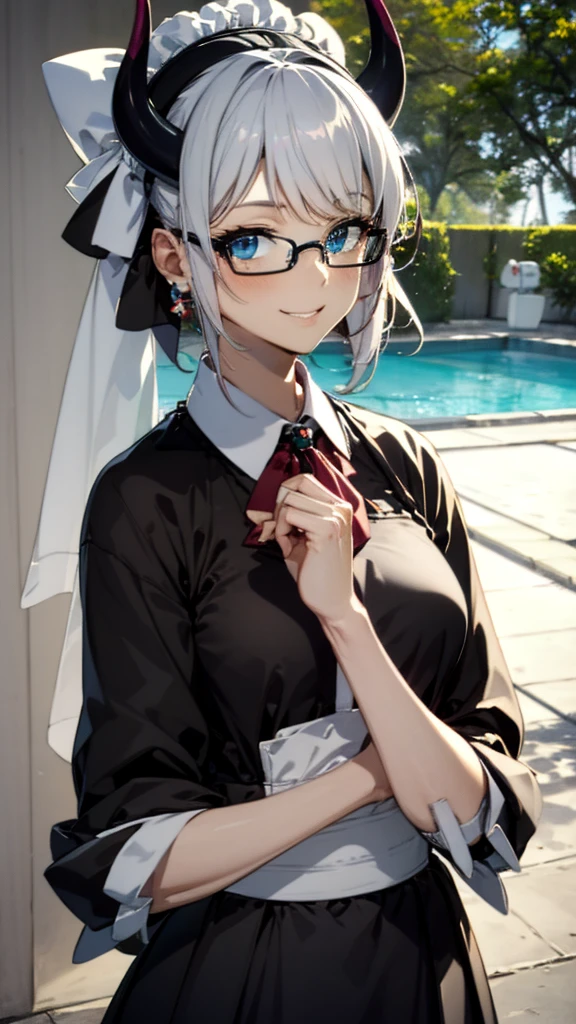 (masterpiece, best quality:1.2),1girl,mature female,pale skin,small breasts:1.49,dragonmaid house, house dragonmaid, yugioh, hair bow, short hair, black hair, (blue eyes:1.5),(black dress with a white arpon:1.2), eye details,teasing smile, clean detailed anime art,high resolution, (perfect hands, perfect anatomy),wear eye glasses, anime style, dragon horn on head,smile, view on viewer