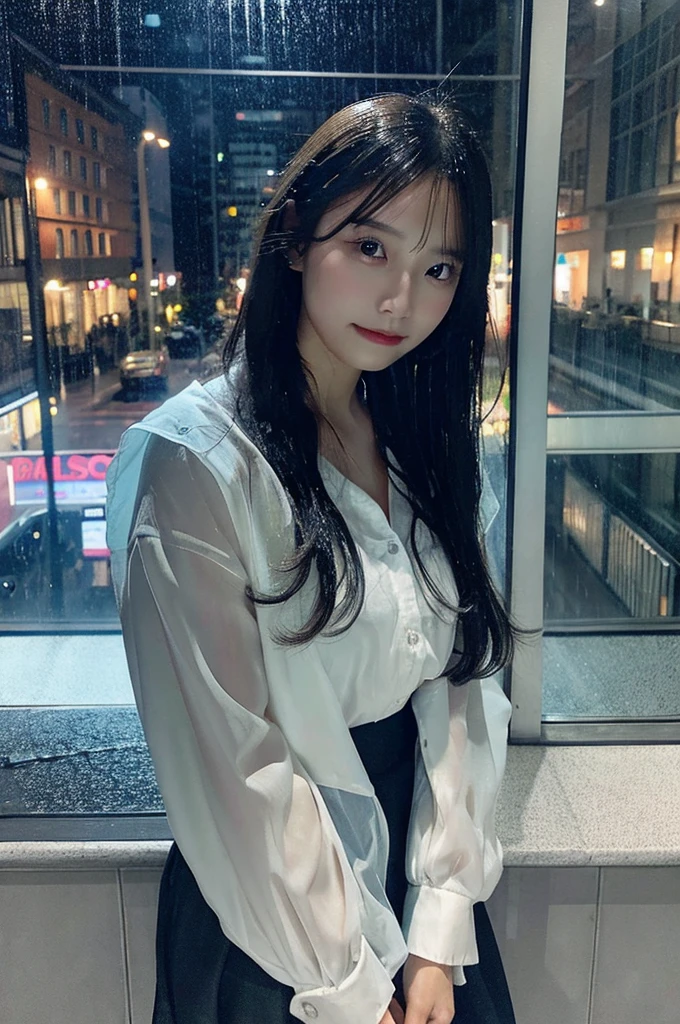 One girl, Wet day, window,Real Photo,night