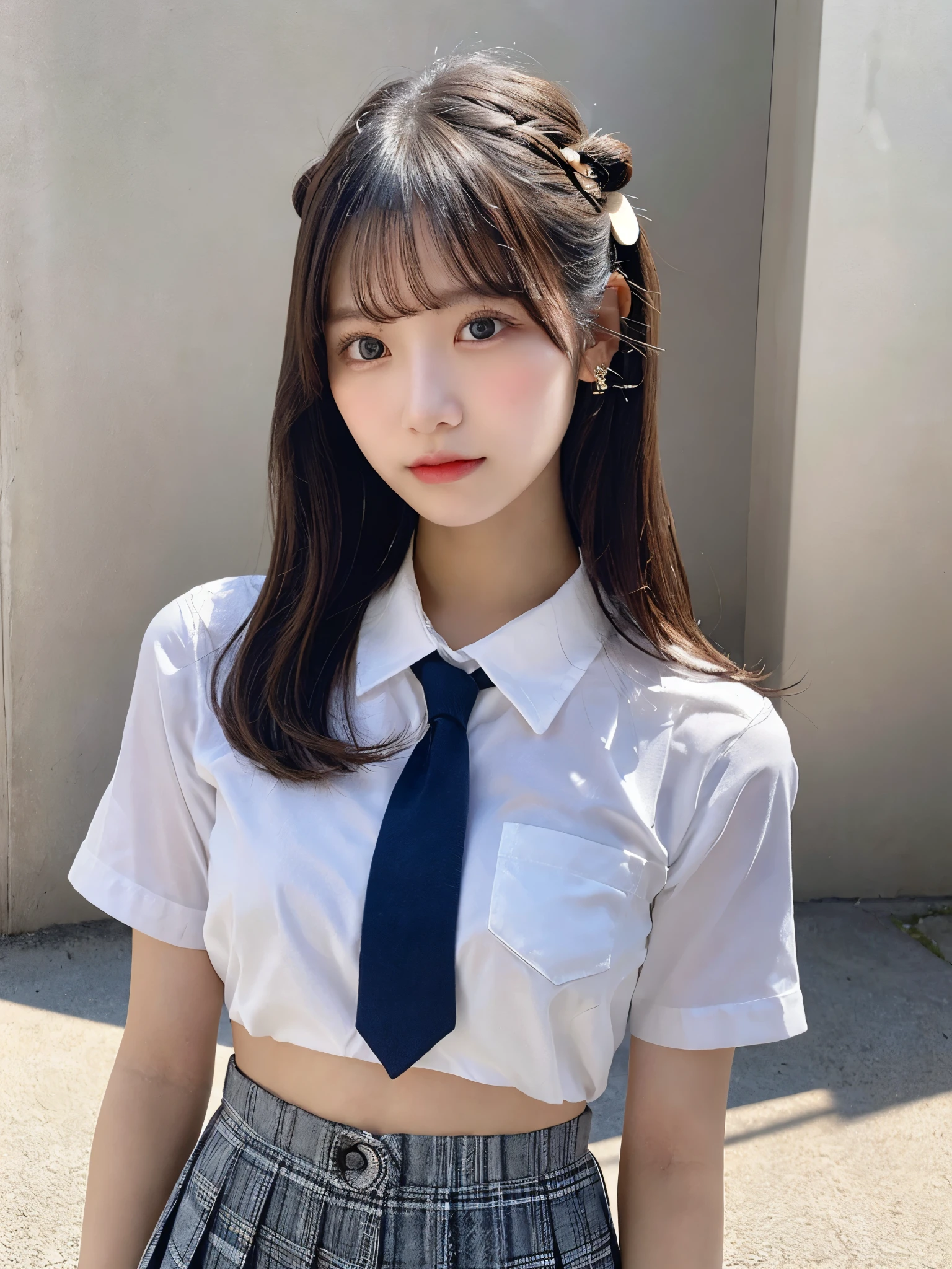 The image features a young woman standing against a plain, light background. She has long, straight dark hair styled into two buns on the top of her head, with some strands left loose framing her face. Her expression is neutral, with a slight hint of curiosity or attentiveness. She is wearing a short-sleeved, white, button-up shirt that is tied above her navel, revealing her midriff. The shirt has a single pocket on the left side, adorned with a navy blue tie that complements her attire. Below, she wears a light blue pleated skirt that falls mid-thigh, completing a school-uniform-inspired look. The lighting is soft and natural, coming from the left side, creating gentle shadows and highlighting the details of her outfit and facial features. The overall atmosphere is calm and minimalistic, focusing on the subject with no distracting elements in the background.