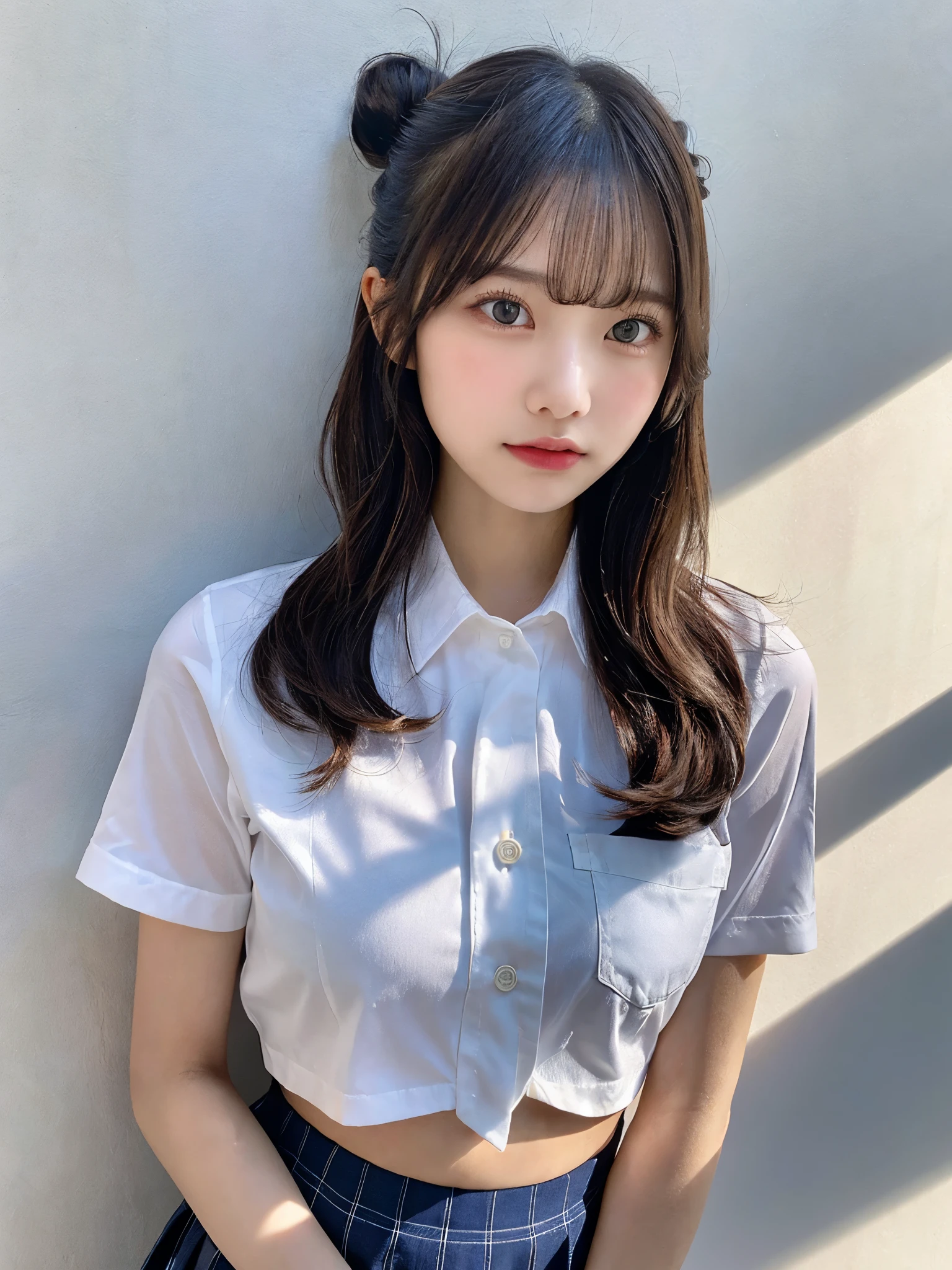 The image features a young woman standing against a plain, light background. She has long, straight dark hair styled into two buns on the top of her head, with some strands left loose framing her face. Her expression is neutral, with a slight hint of curiosity or attentiveness. She is wearing a short-sleeved, white, button-up shirt that is tied above her navel, revealing her midriff. The shirt has a single pocket on the left side, adorned with a navy blue tie that complements her attire. Below, she wears a light blue pleated skirt that falls mid-thigh, completing a school-uniform-inspired look. The lighting is soft and natural, coming from the left side, creating gentle shadows and highlighting the details of her outfit and facial features. The overall atmosphere is calm and minimalistic, focusing on the subject with no distracting elements in the background.